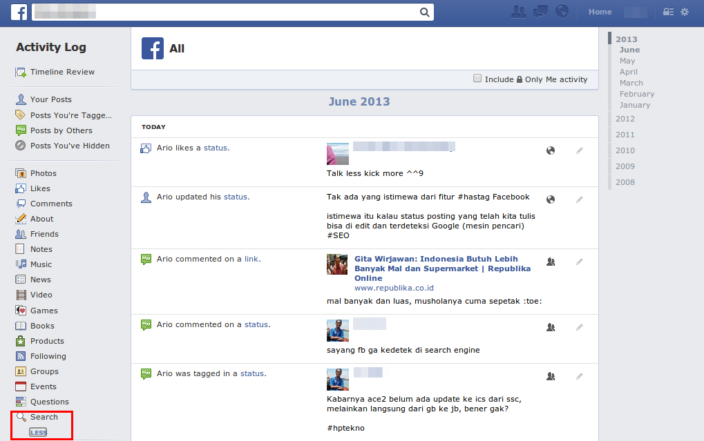 facebook activity log 2 Tutorial Menghapus Facebook Search